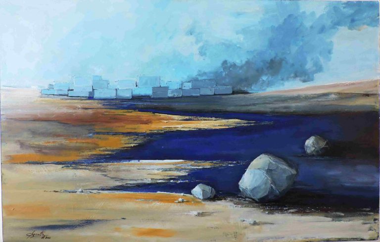 227, Paesaggio con Blocchi cm 124x81 Acrilico su tavola