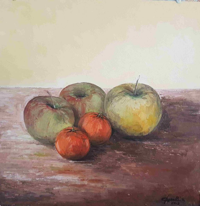 Natura morta con mele acrilico su cartoncino cm 40x40